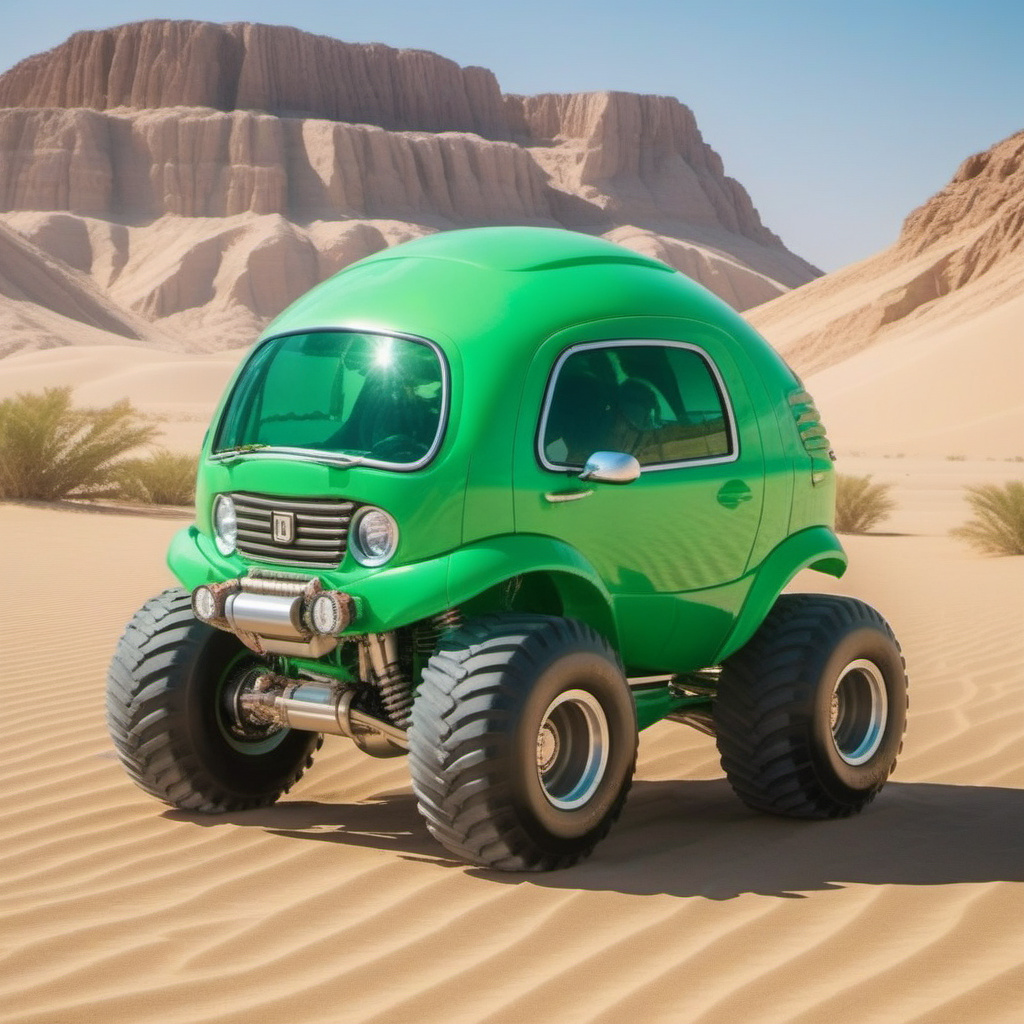 a green bubble monstertruck car, in the desert, highly detailed, attack on titan, photography, ultra sharp, film, professional, 64k <lora:PeaCar1024:0.8> <lora:add-detail-xl:1.5>