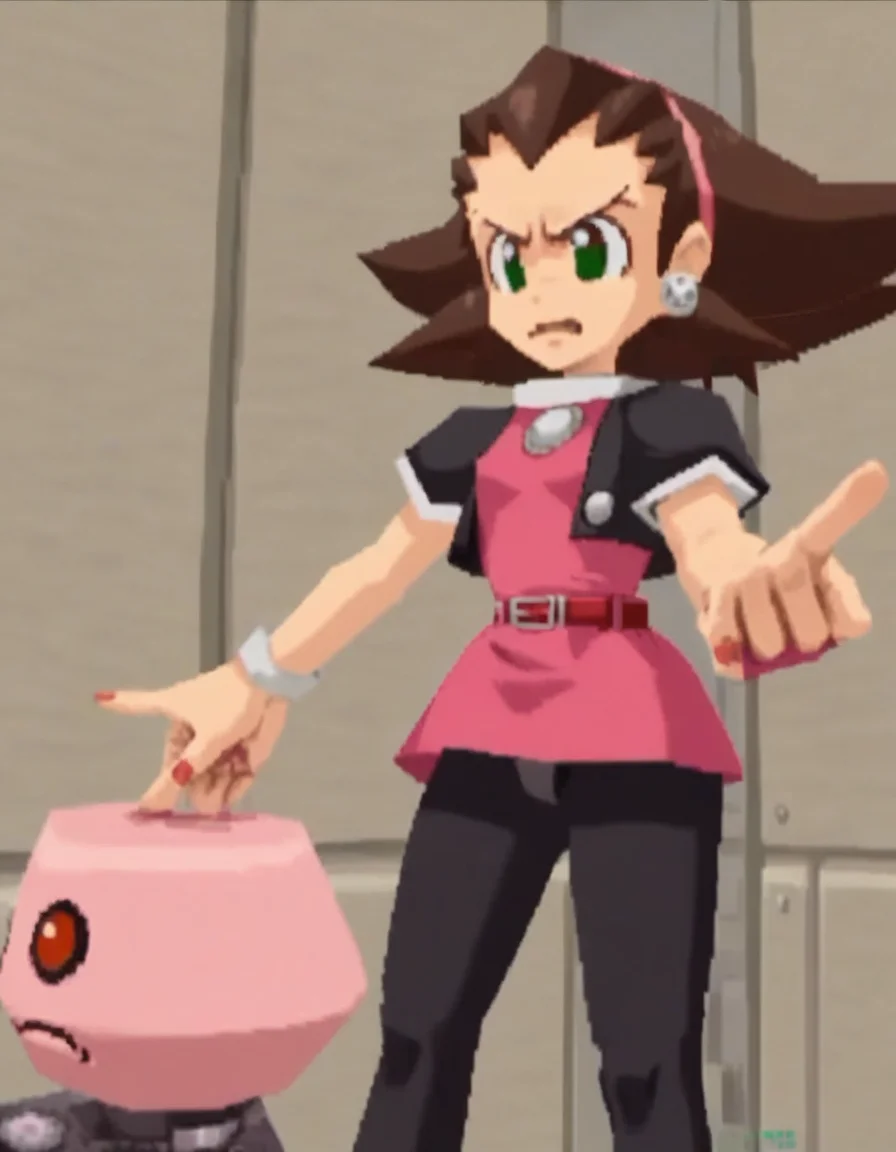 zPDXL, score_9, score_8_up, score_7_up, source_anime, 1girl, solo,
<lora:RockLegend_v1:1> rcklgnd, tron bonne \(mega man\), brown hair, green eyes, pink dress, black jacket, black pantyhose, hair slicked back , angry, outstretched leg,