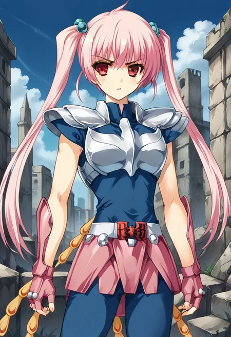 1girl, solo, oukananase, pink hair, long hair, twintails, hair bobbles, red eyes, silver breastplate, silver pauldrons, blue undershirt, magenta vambraces, magenta fingerless gloves, belt, belt buckle, magenta faulds, tail feathers, phoenix tail feathers, blue pants, magenta greaves, standing, serious, parted lips, outdoors, city, ruins