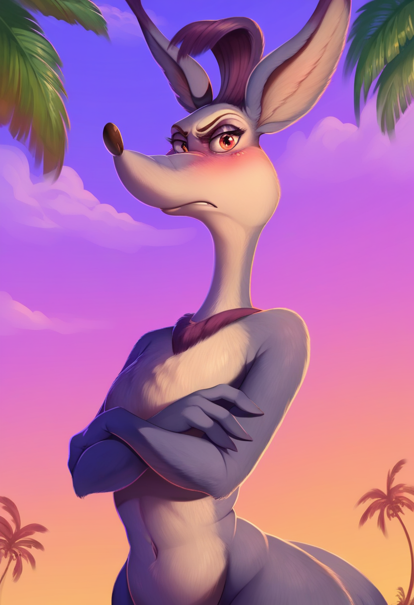 zPDXL, score_9,score_8_up,score_7_up,_up,source_cartoon, best quality, amazing quality, masterpiece, 1girl, looking at viewer, solo, fullbody,  blush,  sour kangaroo, <lora:SourKangaroo:0.8>,  kangaroo,  female kangaroo ,  animal ears,  big hips,  arms folded on chest, long  tail, sky,  flowers, palm tree, leaf,  angry, seductive,   <lora:DankFlank:1>, dank flank,  evening, savannah