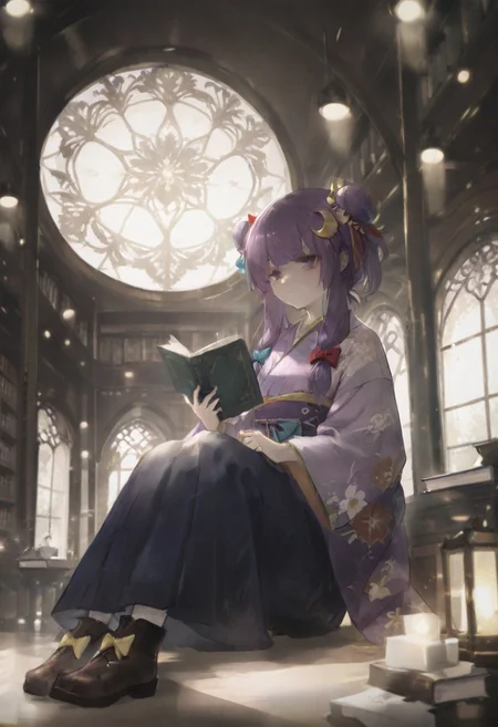 volumetric lighting, ambient occlusion, luminescent background, masterpiece, best quality, very awa, absurdres,library,indoors, a girl sitting and holding a book, beam of light, light through window
BREAK
 patchouli knowledge, 1girl, solo, purple eyes, purple hair, long hair, sidelocks,, patchouli knowledge \(great library at the hieda residence\), alternate costume, no headwear, hair bun, double bun, hair ornament, blue bow, yellow bow, red bow, aqua bow, crescent hair ornament, purple kimono, floral print, long sleeves, wide sleeves, yellow obiage, purple obi, hakama skirt, footwear bow, brown boots, holding book,