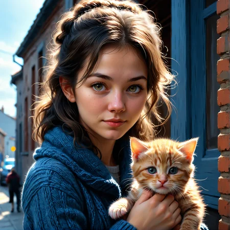 by Alexander Millar and Duy Huynh in the style of Mark Lovett, cute 18 year old woman and her kitten, digital painting <lora:digital_painting_envy01:1.00> <lora:more_art:0.40><lora:clothing_slider:3.50><lora:extremely_detailed:2.50><lora:great_lighting:1.75><lora:aesthetic:1.75><lora:photorealistic_portrait:1.75><lora:looking_at_viewer:1.75><lora:attractive:-1.25><lora:RMSDXL_Enhance:1.00><lora:RMSDXL_Creative:1.00><lora:XDetail_heavy:0.50><lora:midjourney:0.15><lora:dpo:0.35><lora:add_detail:1.00><lora:faetastic:0.25>