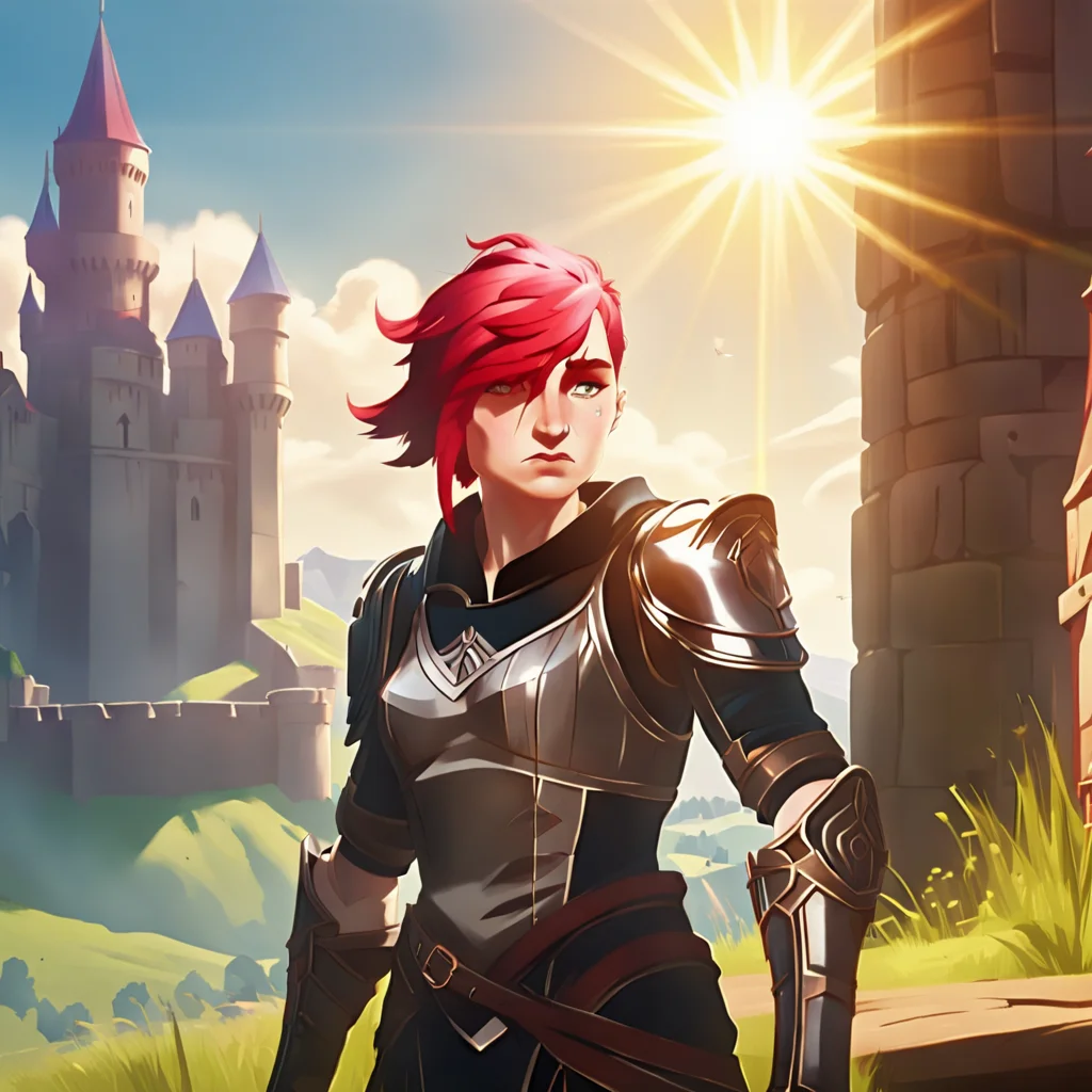 arcane, vi, red hair, light blue eyes, upper body, arm tattoo, lip scar, eyebrow scar, nose piercing, ear piercing, freckles, medieval armor, shining armor, sun, lens flare, castle, valley in background, smirking, joan of arc <lora:vi-offset:0.8>