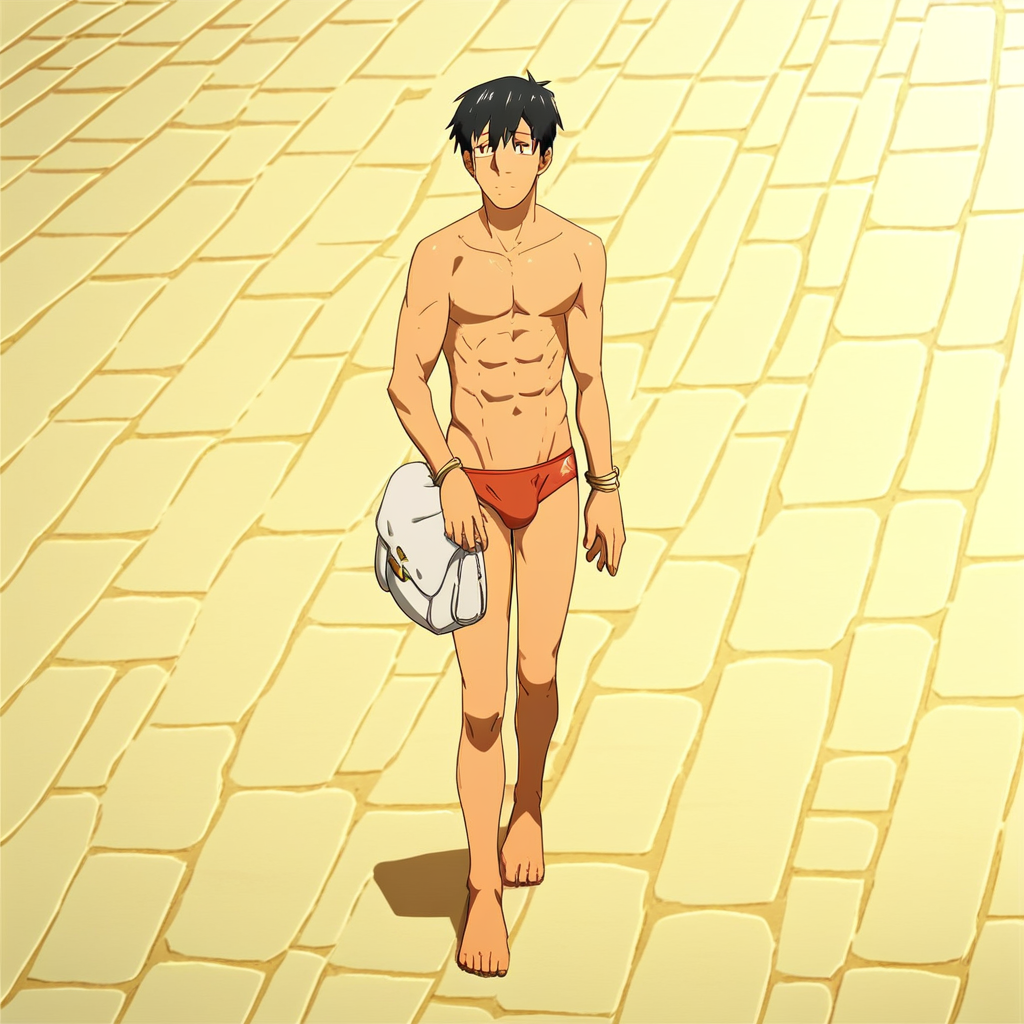 Mukouda Tsuyoshi, 1boy, male focus, bag, black hair, solo, brown eyes, swimsuit, male swimwear, abs, bracelet, speedo, topless male, score_9, score_8_up, score_7_up, score_6_up <lora:vinceteaa_020_04v2-step00000400r:1> good face, good eyes, looking at viewer, full body,