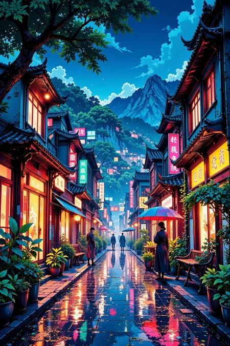 a mystical city beautiful landscape, rainy day, woman, very intricate, very detailed, sharp, bright, colorful, <lora:Hand v2:0.5> <lora:Anti-Blur:1><lora:Insane Detail Slider:0.25> <lora:flux.1_lora_flyway_Epic-detail_v2:0.3> <lora:fluxenhancer:0.25> <lora:ROWER:0.6> <lora:flux-charmer-v1-1:0.4><lora:Vibrantly_Sharp_style_v.5:0.4> <lora:realanime:0.7> <lora:Chinese_Ink:0.3> chinese ink style