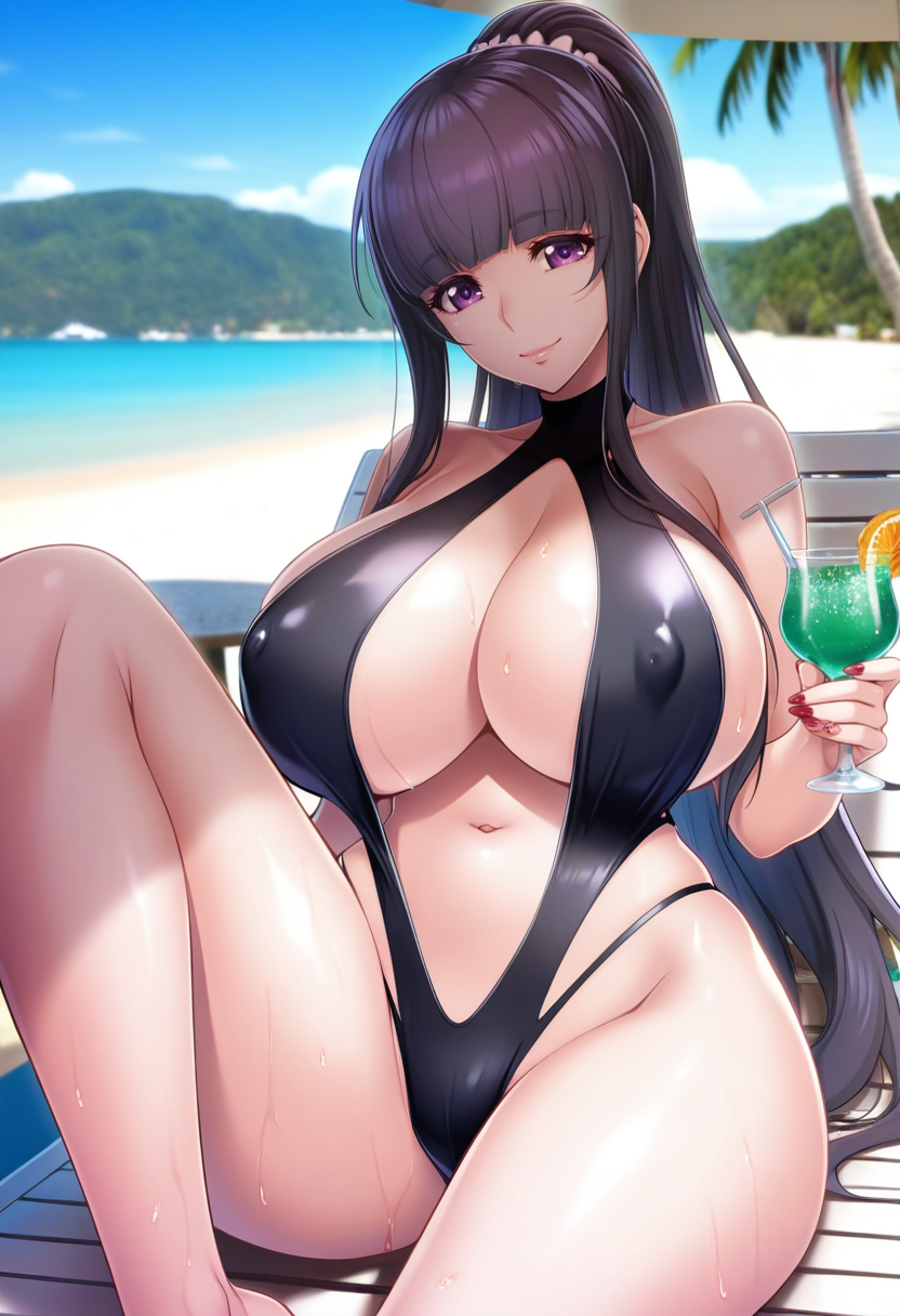 masterpiece, best quality, amazing quality,tomoe tajika, purple eyes, black hair, mature female, long hair, blunt bangs, ponytail, 1girl, breasts, solo,navel,huge breasts, covered nipples, black slingshot swimsuit,cleavage,highleg, smile, sitting, knee up, on back, lounge chair,holding cup, cocktail, beach, horizon, palm tree, towel,parasol, photo background, blurry background <lora:tomoe tajikaV1:0.9>