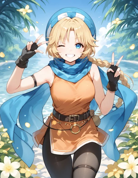 score_9, score_8_up, score_7_up, score_6_up, BREAK source_anime, best quality, masterpiece,
1girl,<lora:patty fehPonyXL:0.8>,patty feh,hat,scarf,armband,fingerless gloves,orange dress,belt,belt pouch,pantyhose,thigh strap,cowboy shot,one eye closed,v_sign,grin,looking at viewer,