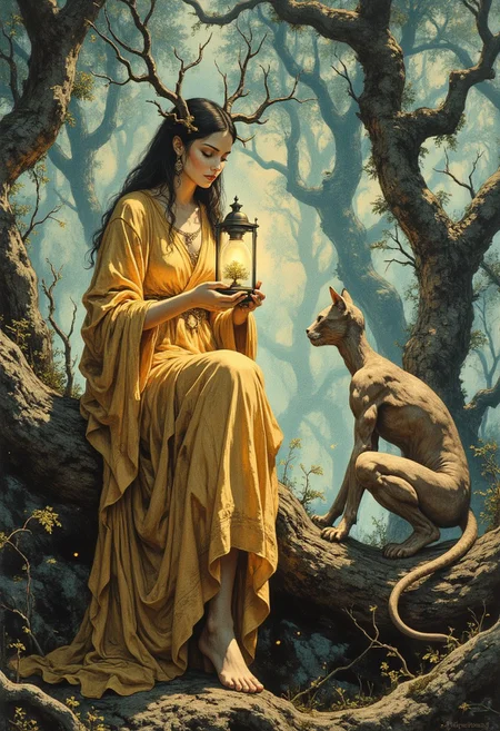 A full-body portrait of a woman seated on a massive, weathered tree stump in an ancient forest. She wears a golden gown with intricate folds that drape over the rough wood, pooling around her. Her dark, waist-length hair is woven with antler-like branches extending from her head, their twisted limbs adorned with small golden trinkets. Her face is pale, with sharp, symmetrical features, dark lashes, and golden eyes.
She holds a glass lantern in her hands, inside of which is a small bonsai tree emitting a soft golden glow. Across from her, a feline-like creature with sinewy, nearly hairless skin crouches on the stump, its eyes locked onto hers. The creature’s elongated limbs and sculpted muscles contrast with the soft folds of her gown.
The background features towering trees with gnarled branches stretching upward, partially obscured by dense blue-green mist. Small golden fireflies float in the air. The bark of the tree stump is covered in moss and creeping vines. The forest floor is uneven, with roots and patches of foliage scattered throughout. The lighting is soft and diffused, with a cool-toned glow filtering through the mist, casting faint shadows. The deep greens and blues of the forest contrast with the warm gold of her attire and the lantern's glow.