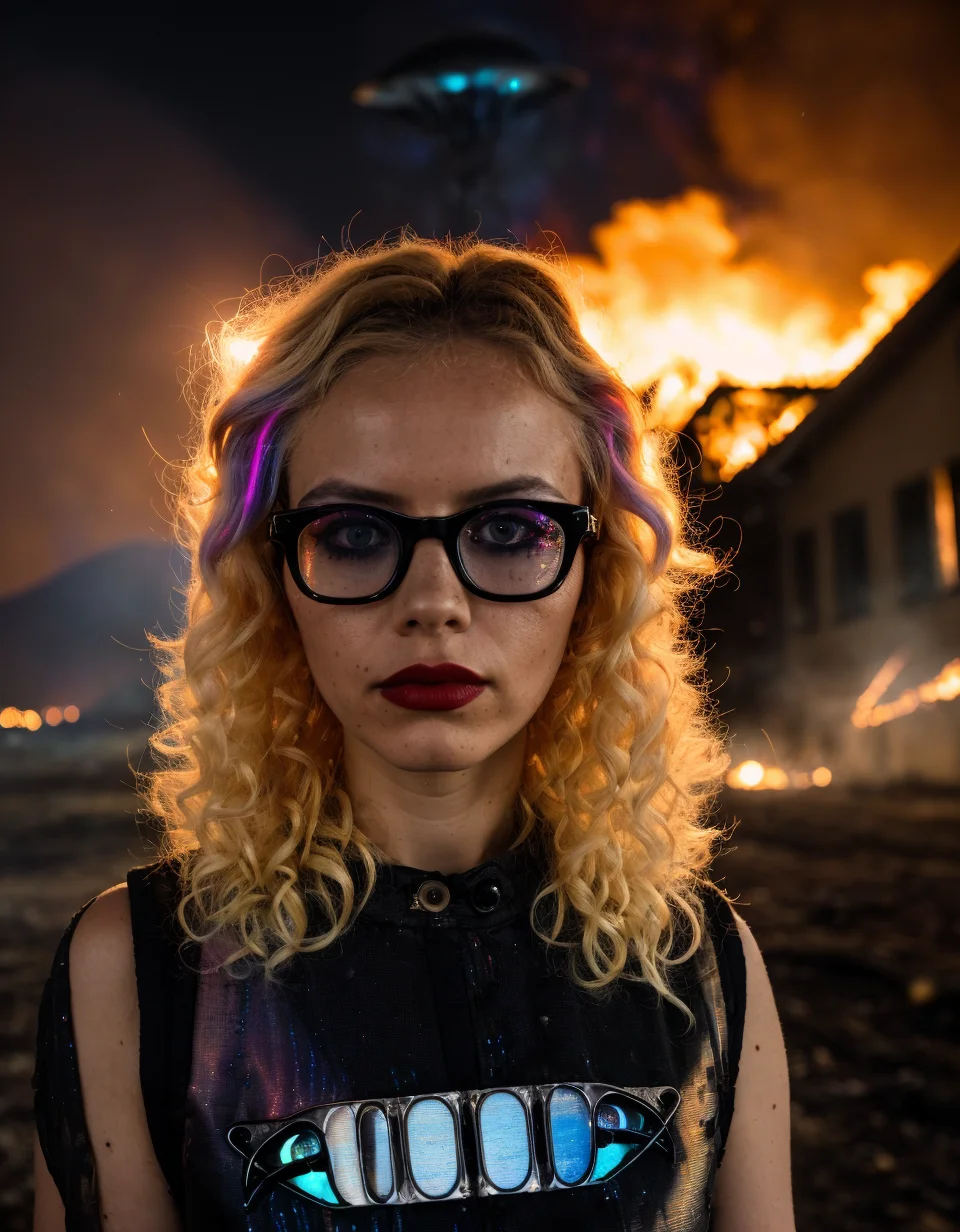 photo of a blonde women (with rainbow streaks in her hair:1.1), subtle red lipstick, high detail skin,, burning house behind her , night time, award winning photo , dark eye shadow, big black glasses, cinematic, low light shot, ambient light from fire , (aliens behind her:1.5) <lora:curly_hair_slider_v1:5>
