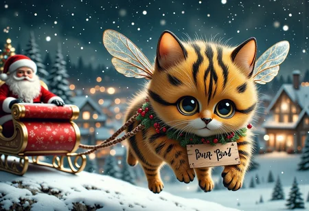 score_9, score_8_up, score_7_up,
photorealistic, a flying kitten pulling a sleigh with a sign around their neck, flying cat, cat bee hybrid, bumble bee fur, ((kitten has yellow and black striped fur)), (((bee wings))), blue eyes, (((Sign hanging around neck that says "Buzz Buzz"))), kitten is pulling Santa's sleigh over snow-covered houses at night, christmas
BREAK
1cat, highly detailed, aesthetic, great lighting, extremely detailed, award winning, perfect composition, a rich and complex image of nature, a vibrant tissue of hues and textures captured digitally, best quality, realistic, captivating, intricately detailed, hyper detailed, maximalist style, photorealist, sharp focus, dynamic lighting, superb composition, finest details, highest aesthetics, best quality, sharp focus, high contrast, stylized, clear, colorful, ultra quality, 8k, best quality, masterpiece,midjourneyv6.1 AP, no humans, animal focus, cat ,looking at viewer, animal,whiskers,mythp0rt,small zhibi, chr1stm4st1m3   Christmas time