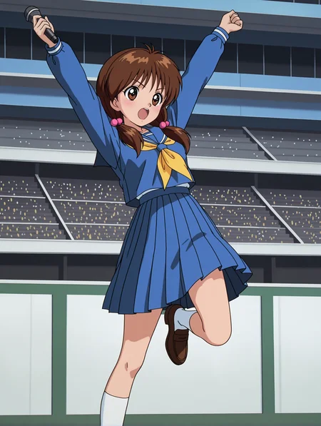 masterpiece,best quality,newest,
1girl,solo,
anime screencap,<lora:yukimura_keiko_ilxl_v1.1:0.9>,y_keiko,brown eyes,bangs,brown hair,low twintails,hair bobbles,
k_clothes,blue sailor suit,long_sleeves,blue shirt,yellow neckerchief,blue pleated skirt,socks,loafers,
holding microphone,<lora:Fixhands_anime_bdsqlsz_V1:1>,audience,audience,standing on one leg,arms up,stadium,