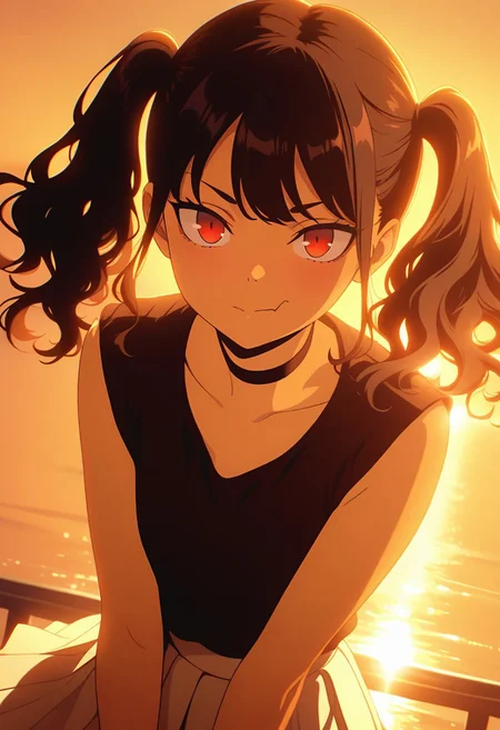 masterpiece, best quality, amazing quality, LDSCH, aesthetic, 1girl, solo, black hair, red eyes, twin tails, wavy hair, choker, sleeveless black top, white pleated skirt, looking at viewer, sunset lighting, backlight, rim lighting, warm color palette, ocean background, soft glow, cinematic angle, half body, dynamic pose, sunlight reflection, expressive face, serene atmosphere, lens flare