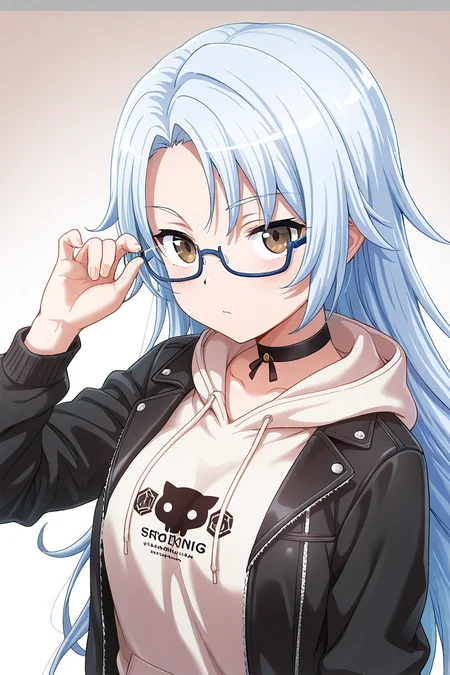 masterpiece, best quality, amazing quality,
<lora:Shiro_IL:1> shiro, 1girl, long hair, solo, glasses, brown eyes, looking at viewer, hood, blue-framed eyewear, jacket, blue hair, semi-rimless eyewear, choker, upper body, hoodie, black jacket
