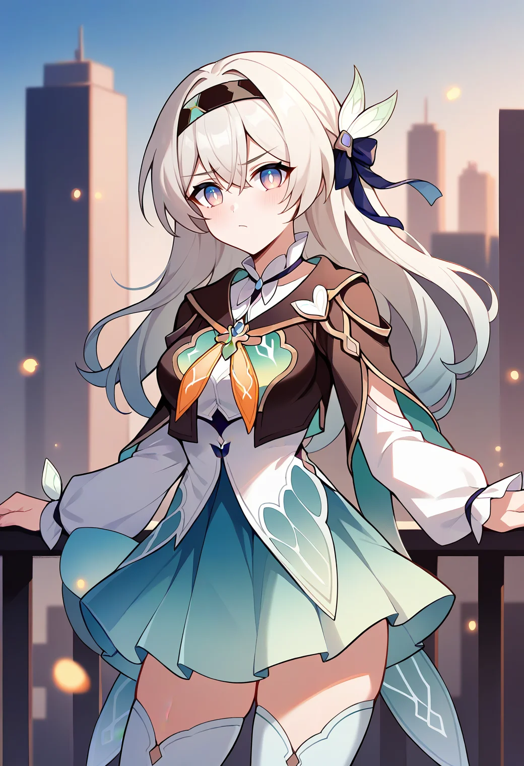 score_9,score_8_up,score_7_up,score_6_up,score_5_up,score_4_up,
1girl, firefly \(honkai: star rail\), honkai \(series\), hairband, hair ornament, dress, skirt, detached sleeves, cropped jacket, thighhighs, medium breasts, :t, pout,
cowboy shot, outdoors, city, solo, looking at viewer, straight-on, standing,
<lora:fireflyponyxl1:1>