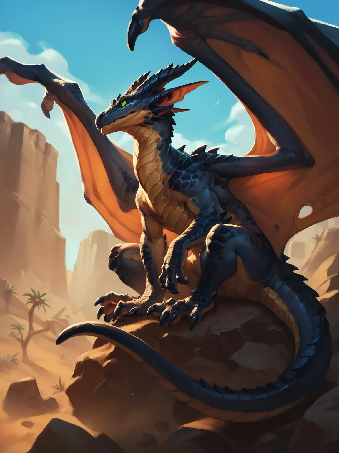 black dragon, green eyes, wings, tail, sitting on a rock, desert, sky, nature, no humans, solo, <lora:HearthstoneXL:0.8>, score_9, score_8_up, score_7_up, score_6_up