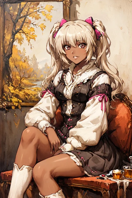 KilaKushan, 1girl, solo, looking at viewer, (dark-skinned female:1.1), sitting, pink hairclips, oil painting, white lips, style of Rembrandt, <lora:Bea&KilaKushan-anxl31:0.45>, <lora:tbh135-sdxl:0.9>, <lora:ClassipeintXL2.1:0.8>,