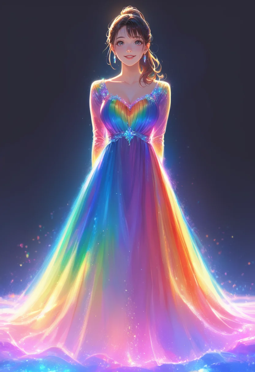 score_9, score_8_up, score_7_up, masterpiece, best quality, perfect anatomy, very aesthetic, ((outlined outlined vector graphics)),no norm,
, cute face, (glow eyes:0.8), glittering, glimmering,front view, black background, rainbow ring, looking at viewer,full body ,,
20yo, brown hair, gray eyes, (large breast:1), (ponytail:1.1), medium hair,(curvy:1.1),bangs, rainbow dress, dress, arms behind back, smile beam,happy, open eyes , long sleeve,
jewelry, earrings, parted lips, <lora:rainbow-dress-01:1>