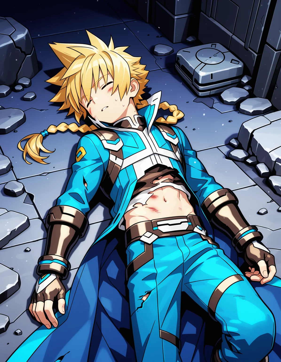 masterpiece,best quality,amazing quality,official art
BREAK
gunvolt,1boy,solo,lying,tilt head,face to the side,Frowning,exhausted,closed eyes,rubble,sweat,,Suffering,,Struggling, writhing,bruised body,bruised body,sweat,Tattered clothes,(BattleDamage),(damaged),,blonde hair,long hair,braided ponytail,spiked hair,single braids,coat,long coat,navel,pants,gloves,fingerless gloves, science fiction,city,night
BREAK
<lora:gunvolt_ill:1>,<lora:Battle_Damage:0.8>