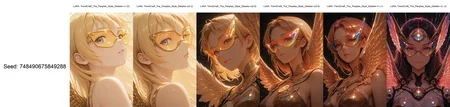 focused subject, close up, stylized, in gold and neon shades, wabi sabi, 1girl, rainbow angel wings, looking at viewer, dynamic angle, from below, from side, relaxing