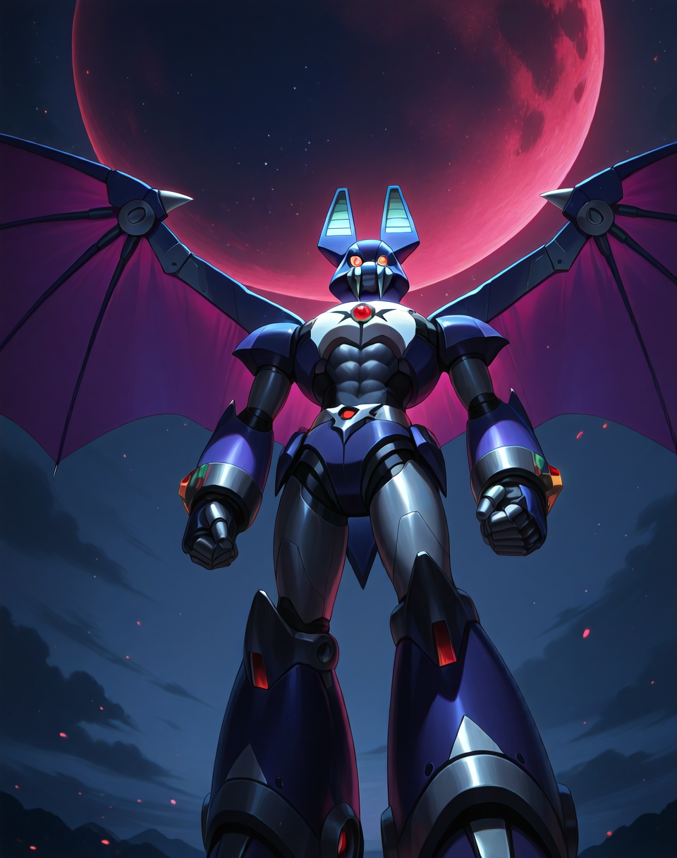 <lora:Dark_Necrobat_(Mega_Man_X)_(Illustrious)_(AD):1> Dark Necrobat, reploid, MMX, 
exterior, night sky with dark clouds,
male focus, intense shadows, dynamic shadows, intricate details, attention to details, gradient coloring, bright vivid colors, robot, abs, bent leg, glossy metal body, dynamic action, 
BREAK very awe, masterpiece, best quality, amazing quality, very aesthetic, highres, absurdres, photographic realism, 8K CGI render, 
EZRealPONYXL, zPDXL, Smooth Quality, lazynsfw,