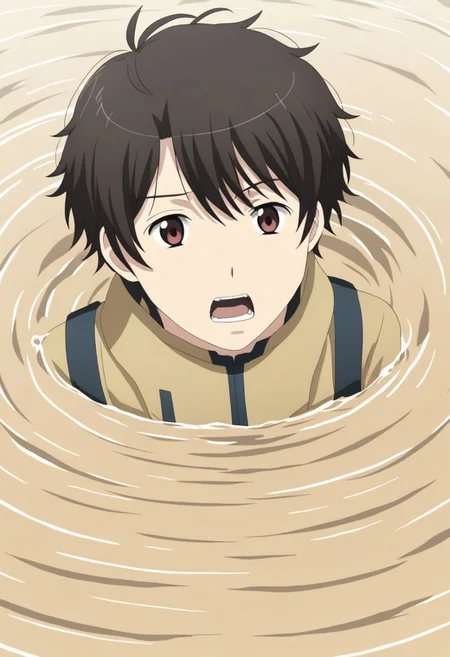 high resolution, solo, best quality, 1Boy, Inaho Kaizuka, Black Hair, Brown Eyes, panic, trapped, quicksand, dying, OverallDetail