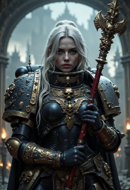 white haired female sorceress, wearing DeathW40K power armor, and holding a staff
