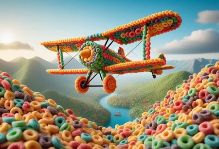 made of fruit loops, a cute biplane flying across a fantastic landscape.