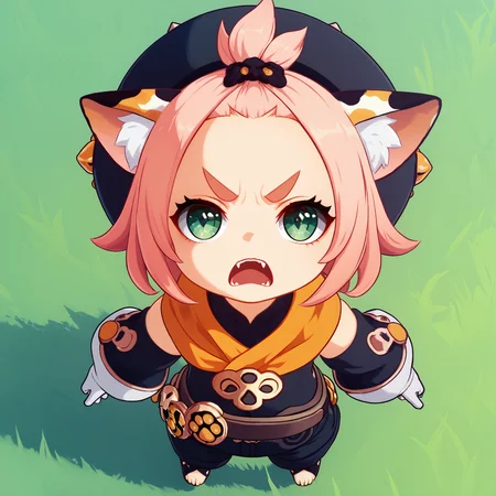 score_9, score_8_up, score_7_up, G3NSHIN, 1girl, from above, diona \(genshin impact\), pink hair, short hair, hat, petite, green eyes, angry, looking at viewer, frown, open mouth, fangs, cat girl, cat ears, cat tail, orange scarf, long sleeves, gloves, full body, looking up, solo, animal ear fluff, black shorts, thick eyebrows, white gloves, forehead, paw print, bangs pinned back, puffy detached sleeves, belt, grass, outdoors,