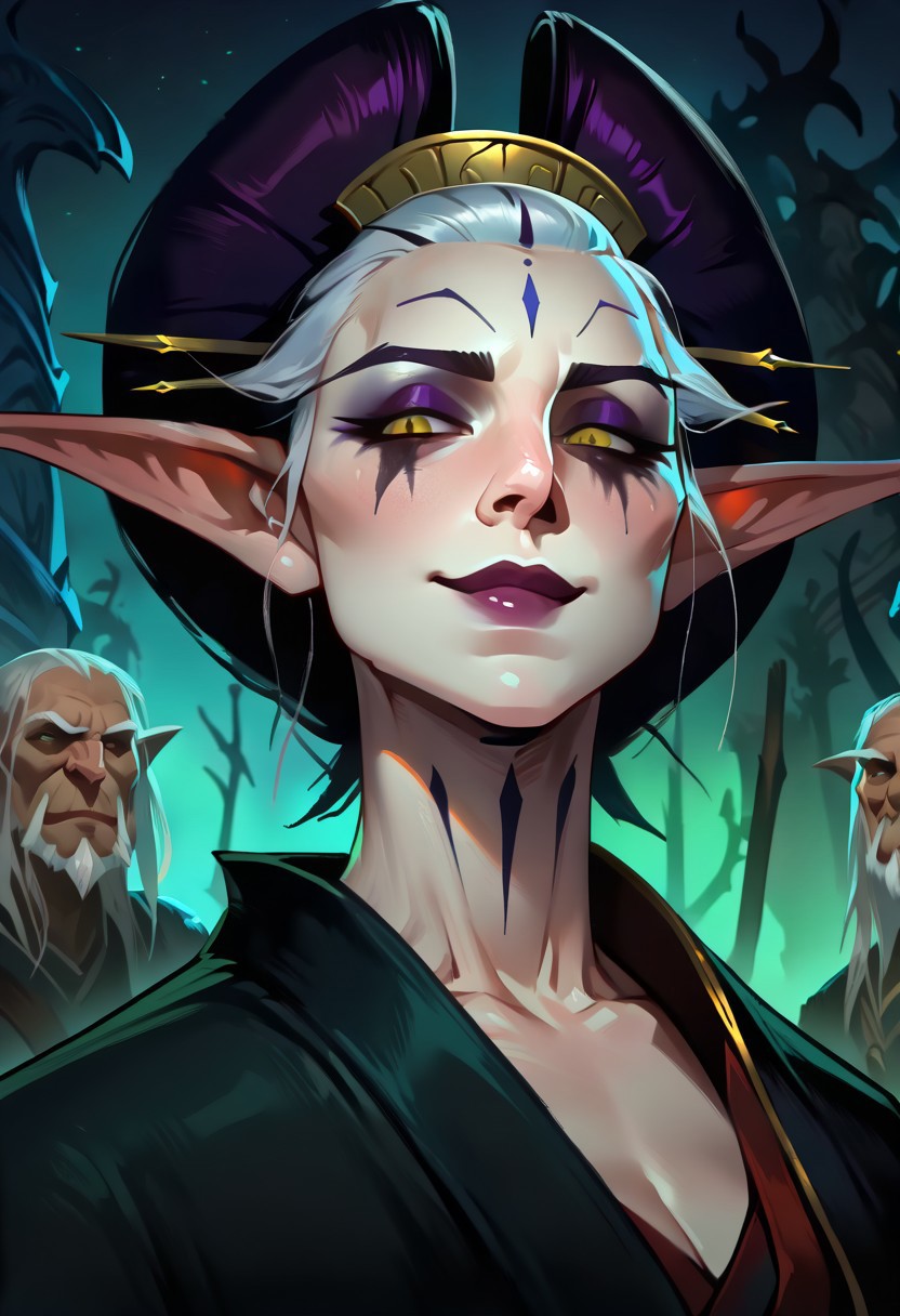 masterpiece, best quality, newest, absurdres, highres, Warbringersstyle-V1.0, male focus, solo, solo focus, 1girl, Elf, Sorcerres, white skin, white hair, yellow eyes, (asian:1;3), (asian female;1;3), oiran, mature, mature woman, friendly smile, royal, regal, noble, eyeshadow, mascara