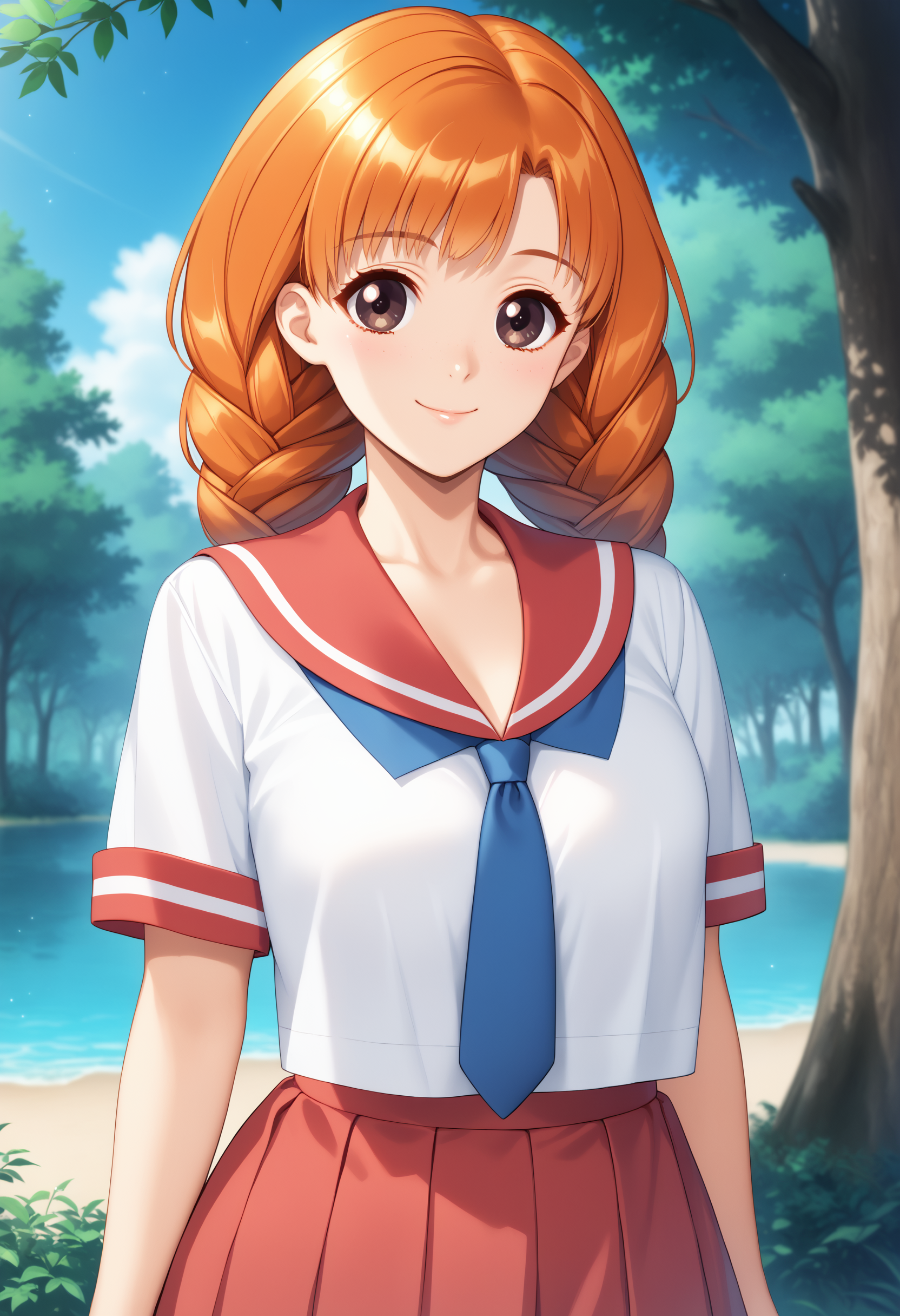 score_9, score_8_up, score_7_up, BREAK   <lora:Nishima_kur:1>,dutch angle,nishiku,1girl,brown eyes,orange hair,long hair,twin braids,hair over shoulder,black hair ribbon,white shirt,short sleeves,red collar,blue necktie,red skirt,serafuku,outdoors,forest, day,blue sky,birches,smiling,cowboy shot