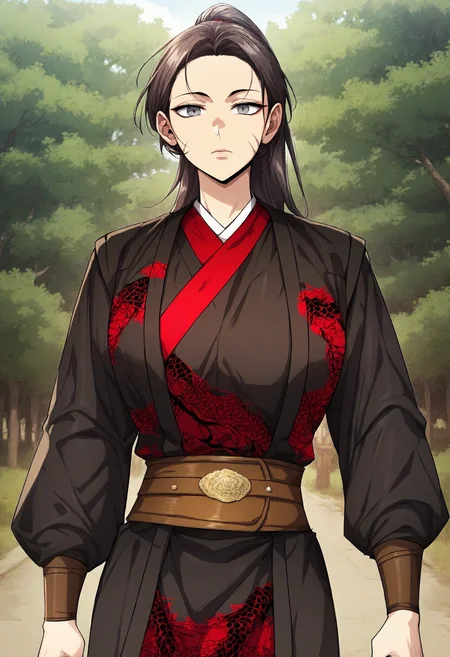 score_9, score_8_up, score_7_up, score_6_up, source_anime, rating_explicit, 1girl, (solo:1.1), huge breasts, <lora:So Ryu prefectPonyxl:0.9> ponytail, long hair, brown hair, grey eyes, black hair, scar on face, chinese clothes, black robe, red kimono, dragon print, brown belt, long sleeves, expressionless, forest, outdoors, looking at viewer, standing
