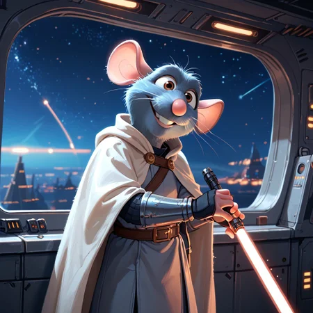 (score_9, score_8_up, score_7_up, score_6_up) Remmyrt, mouse, armor, jedi tunic, white cloak, smug, grin, holding, lightsaber, science fiction, spacecraft interior, viewport, starry sky