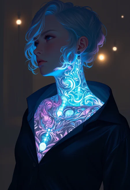 An alien diplomat in an intergalactic council room, with bioluminescent tattoos in geometric, hieroglyphic patterns that glow in shades of teal and magenta. The tattoos communicate emotions and social status in light patterns that shift based on their mood, giving the impression of a living language on their skin, blending culture with advanced technology. bio ink