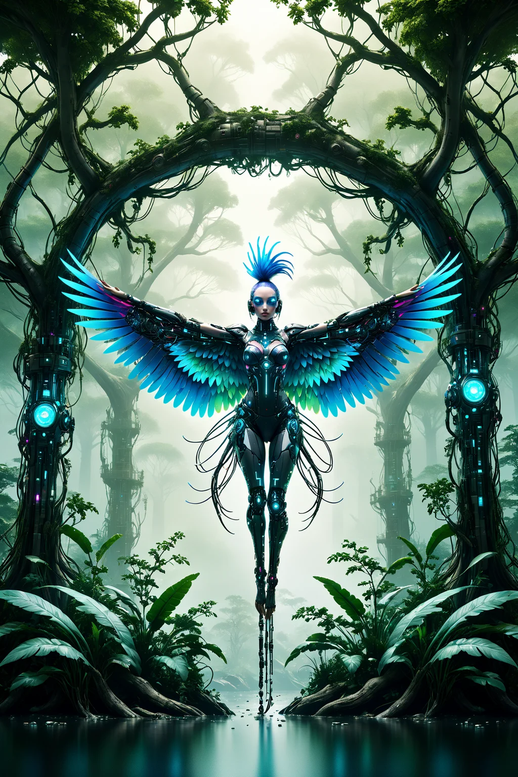 cyberanimals, Imagine a dense and colorful jungle scene, where the rich, lush greenery and vibrant flowers in a myriad of hues. The overall ambiance of the image is somewhat dark, conveying the depth and mystery of the jungle. However, light rays pierce through the thick canopy above, creating dynamic beams that illuminate patches of the verdant underbrush and floral sea. Perched on a branch within this vivid setting is a cybernetic parrot, its design a stark contrast to the natural surroundings. The parrot's feathers are a striking blend of teal, magenta, and other vivid cyberpunk colors. Its eyes emit a soft, glowing light, adding an otherworldly element to the scene. This juxtaposition of the natural jungle environment with the futuristic, colorful cybernetic parrot creates a unique and visually striking image <lora:Neon_Cyberpunk_SDXL_Cyberanimals:1> ac_neg2 <lora:EnvyZoomSliderXL01:-1>, (masterpiece:1.2), best quality, (hyperdetailed, highest detailed:1.2), high resolution textures, <lora:EnvyBetterHiresFixXL01:1>