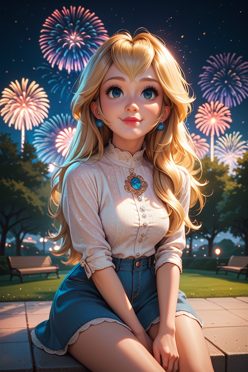 score_9, score_8_up, score_7_up, score_6_up
<lora:MPPeach:1.0>
MPPeach, 1girl, blonde hair, long hair, blue eyes, looking at viewer, sitting, at night, fireworks, park, looking up, smile