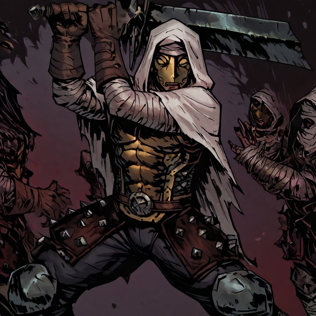 masterpiece, best quality, newest, absurdres, highres, TTCSV1.0,
solo, solo focus, 1boy, DDLEP-V1.0, armor, mask, metal mask, golden mask, gloves, brown gloves, bandages, hood, hood up, abs, holding, holding sword, sword, weapon, holding weapon, dynamic pose, combat stance,