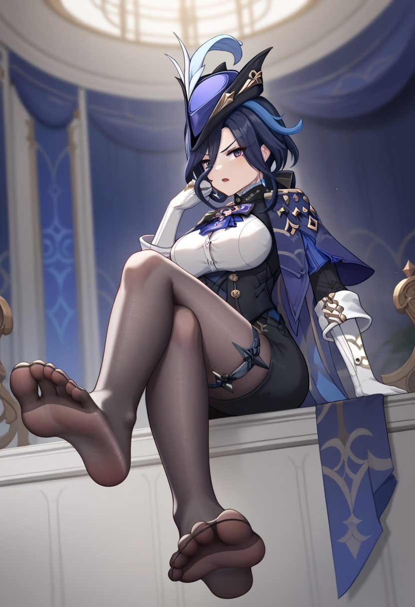 score_9,score_8_up,score_7_up,<lora:clorinde_pony:1>,1girl, solo, indoors, hand_up, sitting, large_breasts, toes, highres, black_corset, no_shoes, black_skirt, hat_feather, crossed_legs, elbow_gloves, dangle_earrings, glaring, thigh_strap, blue_hat, white_shirt, black_pantyhose, epaulettes, blue_cape, fold-over_gloves, commentary_request, clorinde_\(genshin_impact\), open_mouth, presenting_foot, foot_focus, looking_at_viewer, pencil_skirt, foreshortening, soles, high-waist_skirt, white_gloves, tricorne, framed_breasts
