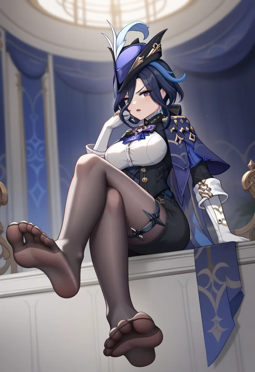 score_9,score_8_up,score_7_up,<lora:clorinde_pony:1>,1girl, solo, indoors, hand_up, sitting, large_breasts, toes, highres, black_corset, no_shoes, black_skirt, hat_feather, crossed_legs, elbow_gloves, dangle_earrings, glaring, thigh_strap, blue_hat, white_shirt, black_pantyhose, epaulettes, blue_cape, fold-over_gloves, commentary_request, clorinde_\(genshin_impact\), open_mouth, presenting_foot, foot_focus, looking_at_viewer, pencil_skirt, foreshortening, soles, high-waist_skirt, white_gloves, tricorne, framed_breasts