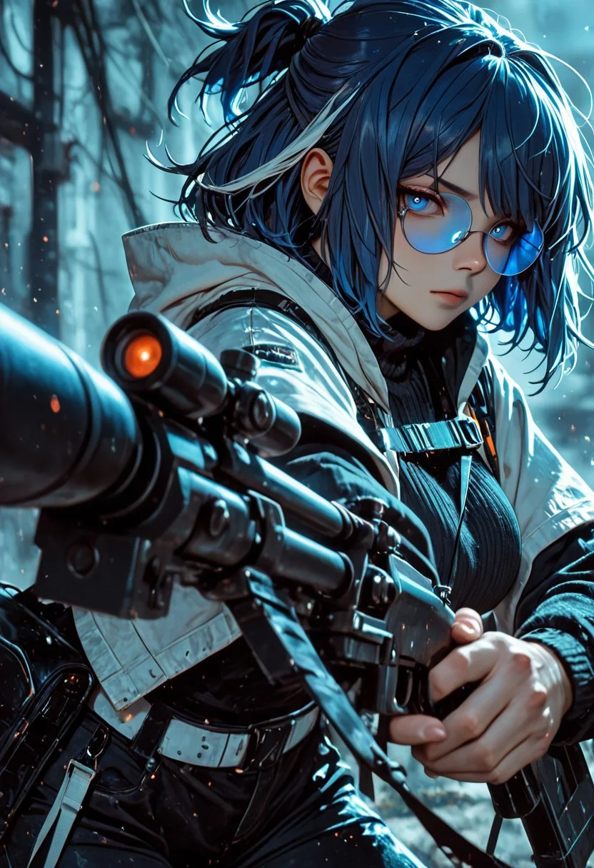 highres, very detailed, amazing quality, masterpiece,
very aesthetic,
particle effect,
1girl, Andreana from Arknights, large breasts, curvy, short hair, streaked hair, blue hair, white hair, short ponytail, blue eyes, round eyewear on eyes, blue-tinted eyewear, white jacket, hooded jacket, hood down, open jacket, layered sleeves, short over long sleeves, black sweater, turtleneck sweater, black pants, white belt, black bag, fanny pack,
Aiming a sniper, holding a sniper rifle, looking at viewer,
Close up, depth of field, ray_tracing, cowboy shot, extreme foreshortening, very aesthetic, cinematic,