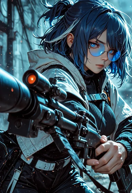 highres, very detailed, amazing quality, masterpiece,
very aesthetic,
particle effect,
1girl, Andreana from Arknights, large breasts, curvy, short hair, streaked hair, blue hair, white hair, short ponytail, blue eyes, round eyewear on eyes, blue-tinted eyewear, white jacket, hooded jacket, hood down, open jacket, layered sleeves, short over long sleeves, black sweater, turtleneck sweater, black pants, white belt, black bag, fanny pack,
Aiming a sniper, holding a sniper rifle, looking at viewer,
Close up, depth of field, ray_tracing, cowboy shot, extreme foreshortening, very aesthetic, cinematic,