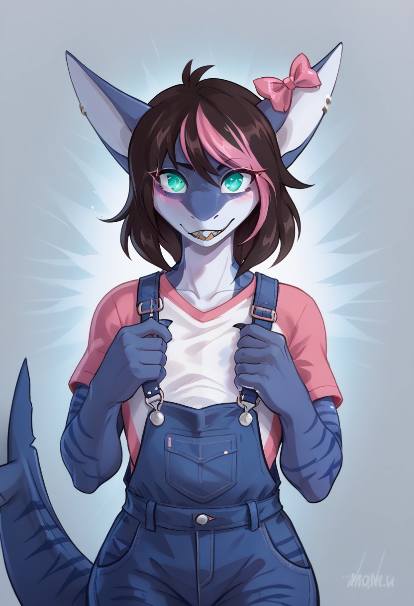 <lora:Scappo_Style_v2_PonyXL:0.8> by scappo, scappo,  score_9, score_8_up, score_7_up, moonlitepxl, femboy,solo, anthro shark,medium hair, multicolored hair, dark hair, pink hair,bow, stripes on body, turquoise eyes, BREAK, Portrait, pink T-shirt, blue overalls, holds hands in front of him, hands at chest level, palms open, blue light burning in palm, head slightly tilted, glowing eyes, dark atmosphere, background dark,