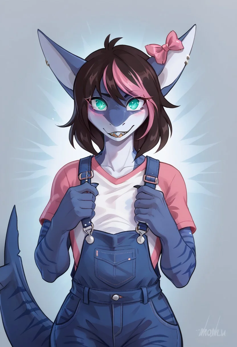 <lora:Scappo_Style_v2_PonyXL:0.8> by scappo, scappo, score_9, score_8_up, score_7_up, moonlitepxl, femboy,solo, anthro shark,medium hair, multicolored hair, dark hair, pink hair,bow, stripes on body, turquoise eyes, BREAK, Portrait, pink T-shirt, blue overalls, holds hands in front of him, hands at chest level, palms open, blue light burning in palm, head slightly tilted, glowing eyes, dark atmosphere, background dark,