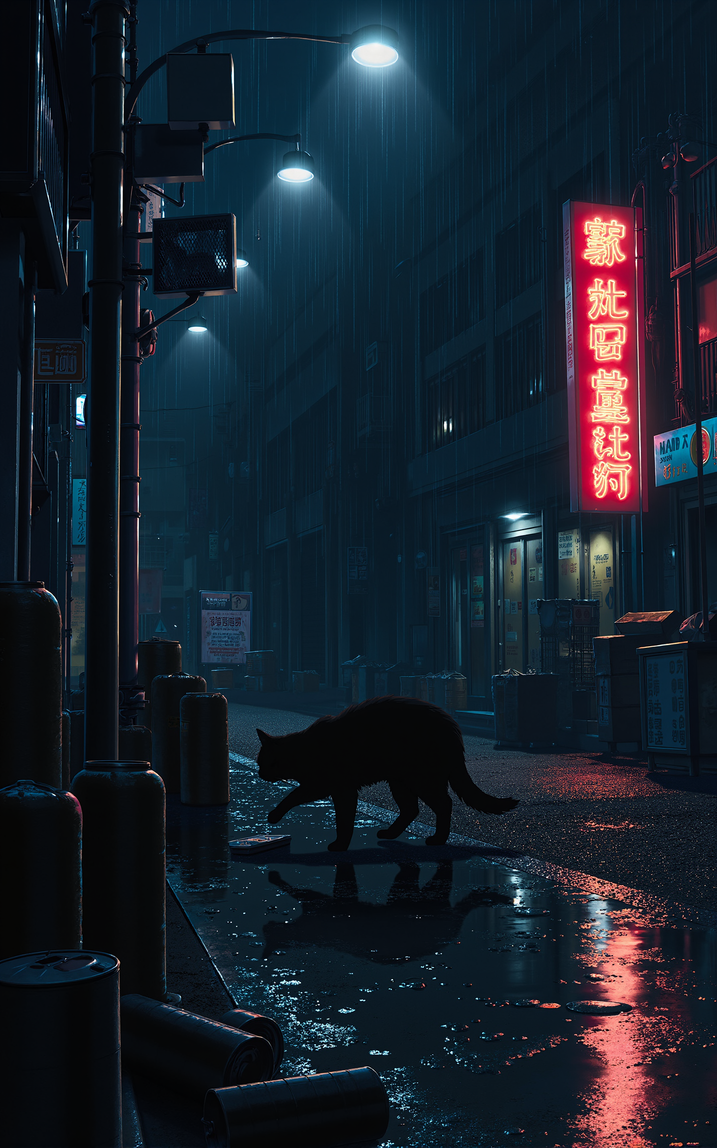A black cat rummaging through discarded cans for food on a rainy night,realistic style. The street is dimly lit by a single flickering lamp post casting long shadows,raindrops glistening on the wet asphalt. The cat is sleek and soaked,its fur clinging to its slender frame as it paws at a rusty can. Reflections of neon signs shimmer in puddles nearby,suggesting an urban alleyway behind a row of closed shops. Trash bags and cardboard boxes are scattered around,creating a gritty atmosphere. Soft mist lingers near the ground,and droplets are caught mid-fall,illuminated by the sparse lighting.,<lora:kanime-01:0.8>,kanime,anime,Shinkai Makoto style,