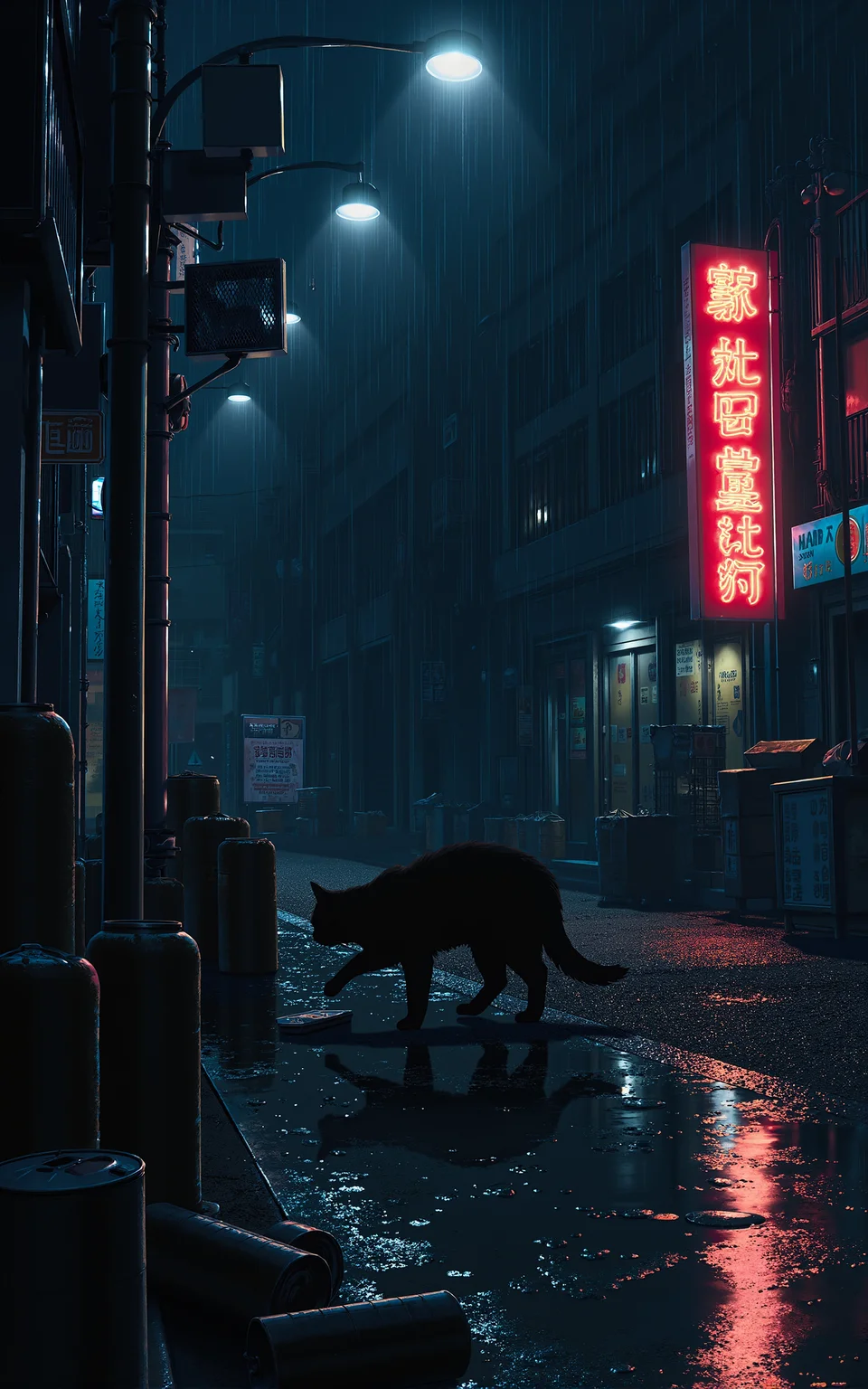 A black cat rummaging through discarded cans for food on a rainy night,realistic style. The street is dimly lit by a single flickering lamp post casting long shadows,raindrops glistening on the wet asphalt. The cat is sleek and soaked,its fur clinging to its slender frame as it paws at a rusty can. Reflections of neon signs shimmer in puddles nearby,suggesting an urban alleyway behind a row of closed shops. Trash bags and cardboard boxes are scattered around,creating a gritty atmosphere. Soft mist lingers near the ground,and droplets are caught mid-fall,illuminated by the sparse lighting.,<lora:kanime-01:0.8>,kanime,anime,Shinkai Makoto style,
