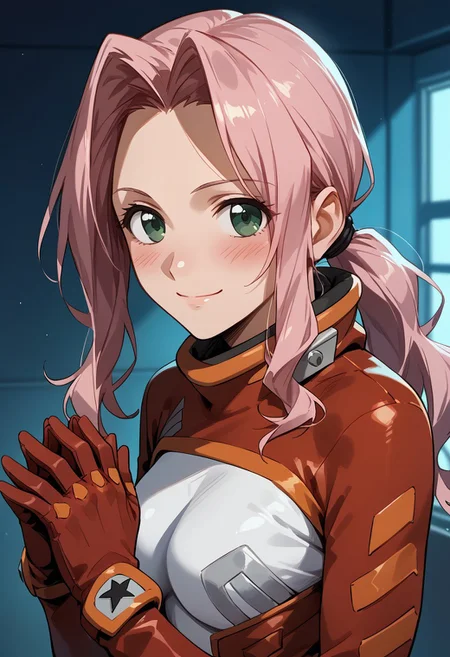 score_9,score_8_up,score_7_up,source_anime,Darry Adai,1girl,solo,breasts,looking at viewer,blush,smile,gloves,closed mouth,green eyes,upper body,sidelocks,from side,bodysuit,own hands together,two-tone background,pilot suit,white bodysuit,red bodysuit,steepled fingers,