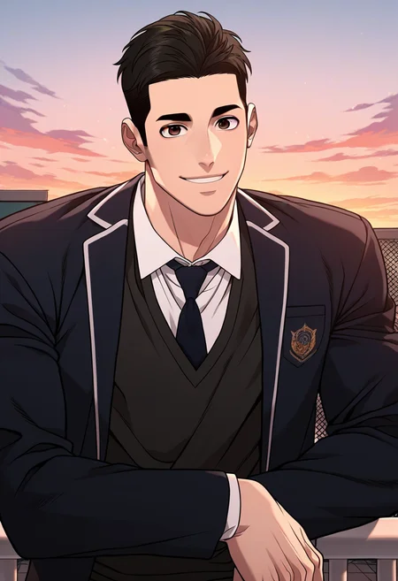 1boy, male focus, solo,
<lora:Character - Questism - Kang Sechan:1> kangsechan, black hair, brown eyes,
,((zPDXL)), score_9_up, score_8_up, score_7_up, score_6_up, score_5_up, score_4_up, best quality, amazing quality, best aesthetic, amazing aesthetic, absurdres, year2023, uncensored, very nsfw, official art, official style, detailed eye,
rooftop, school, outdoor, sky
school uniform, blazer, black necktie, against railing, smile, looking at viewer,