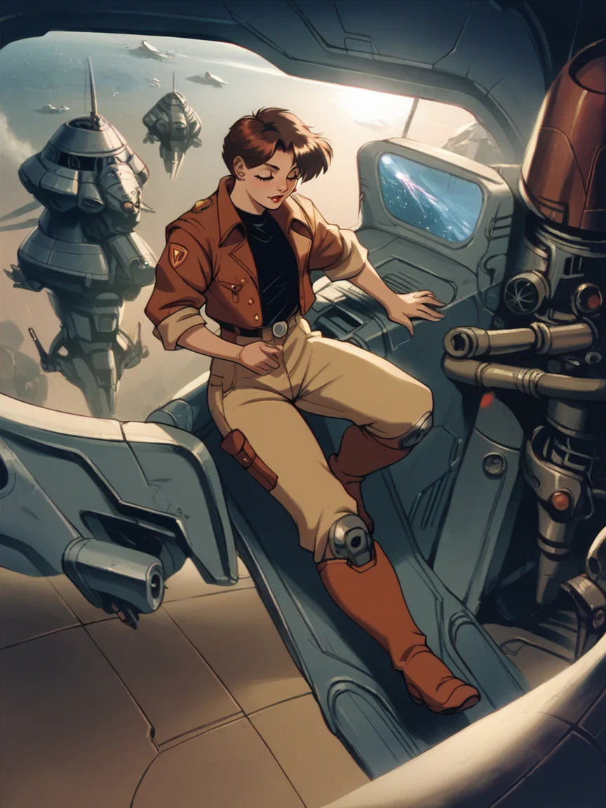 score_9, score_8_up, score_7_up, score_6_up, score_5_up, <lora:T43XLP:1> t43, spacecraft, science fiction, 1girl, solo, retro artstyle,