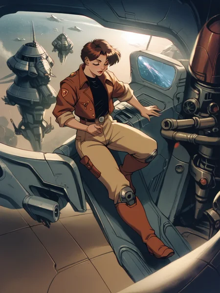 score_9, score_8_up, score_7_up, score_6_up, score_5_up, <lora:T43XLP:1> t43, spacecraft, science fiction, 1girl, solo, retro artstyle,