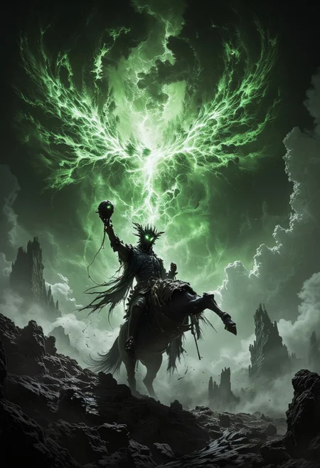 The headless horseman dominates the foreground, sitting atop his rearing horse. His body is closer, more detailed, with his severed head held high in one hand, its lifeless eyes glowing faintly. Behind him, a massive volcano erupts, birthing a colossal phoenix of molten lava and stone. The phoenix, with its toxic green magma wings, spreads across the sky. The scene is in stark black and white, with only the phoenix and lava glowing in venomous green, creating a striking, apocalyptic atmosphere.