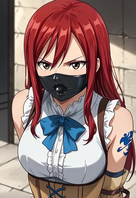 erza scarlet, long hair, red hair, hair between eyes, brown eyes,skirt, shirt, bow, boots, sleeveless, sleeveless shirt, tattoo, white shirt, frills,G4G, mouth under mask, ball gag, gagged mouth,
score_9, score_8_up, score_7_up, beautiful aesthetic, very intricate, high quality details,
